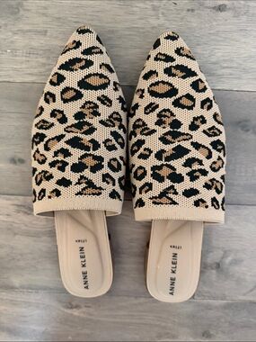 Anne Klein Leopard Knit Pointed Slip-On Mules in Beige and Black